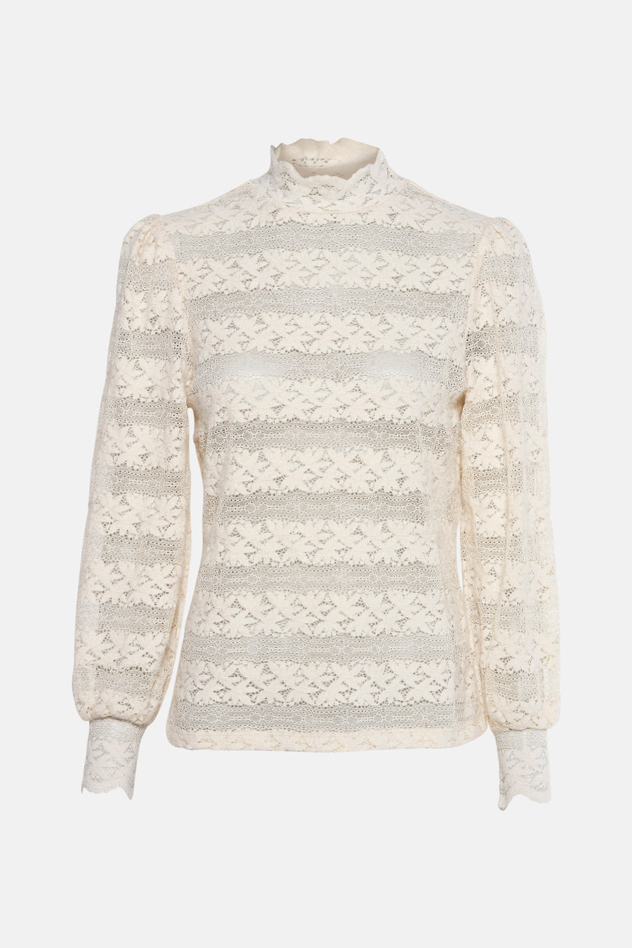 Ecru blouse met lange mouwen van GARCIA, met bloemenkantpatroon en pofmouwen.