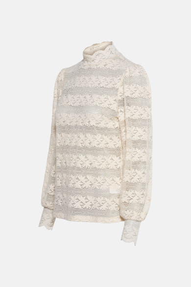 Ecru blouse met lange mouwen van GARCIA, in bloemenkant met opstaande kraag en pofmouwen.