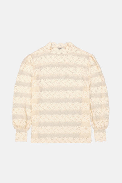 Ecru blouse met lange mouwen van GARCIA, met bloemenkantpatroon en pofmouwen.