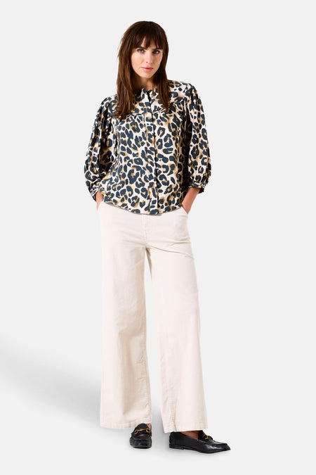 GARCIA 3/4 meerkleurige blouse met luipaardprint en pofmouwen.