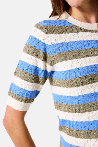 Pull à col rond multicolore de GARCIA, rayures horizontales bleu, beige et blanc cassé, texture ajourée.