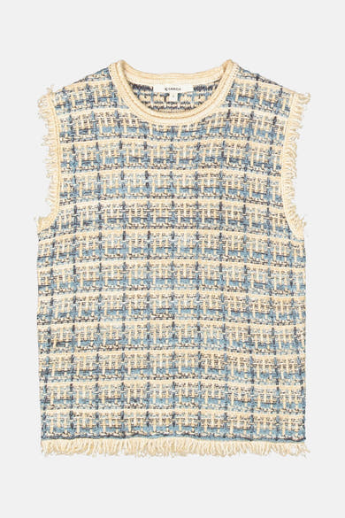 GARCIA mouwloze top met meerkleurig ruitpatroon van tweed en franjeranden.
