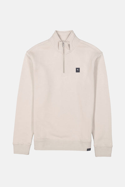 Sweat col montant beige de Garcia, avec fermeture éclair partielle et logo discret sur la poitrine.
