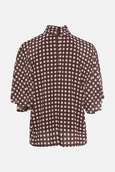 Blouse marron à pois blancs d'AMELIE ET AMELIE, avec col montant et manches courtes évasées, vue de dos.
