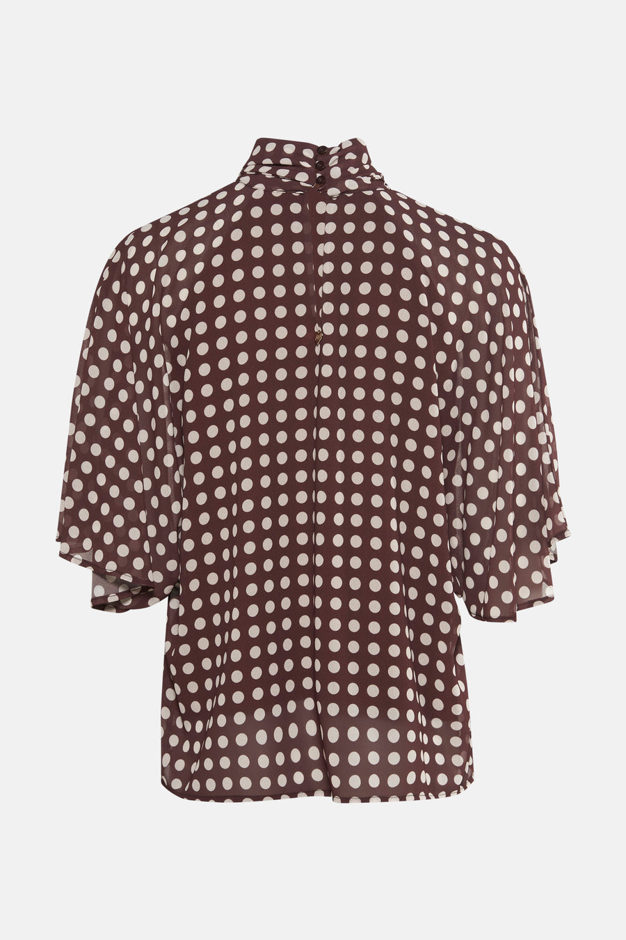 Blouse marron à pois blancs d'AMELIE ET AMELIE, avec col montant et manches courtes évasées, vue de dos.
