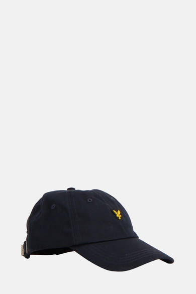 Casquette bleu foncé de LYLE & SCOTT, avec un logo doré brodé sur le devant.