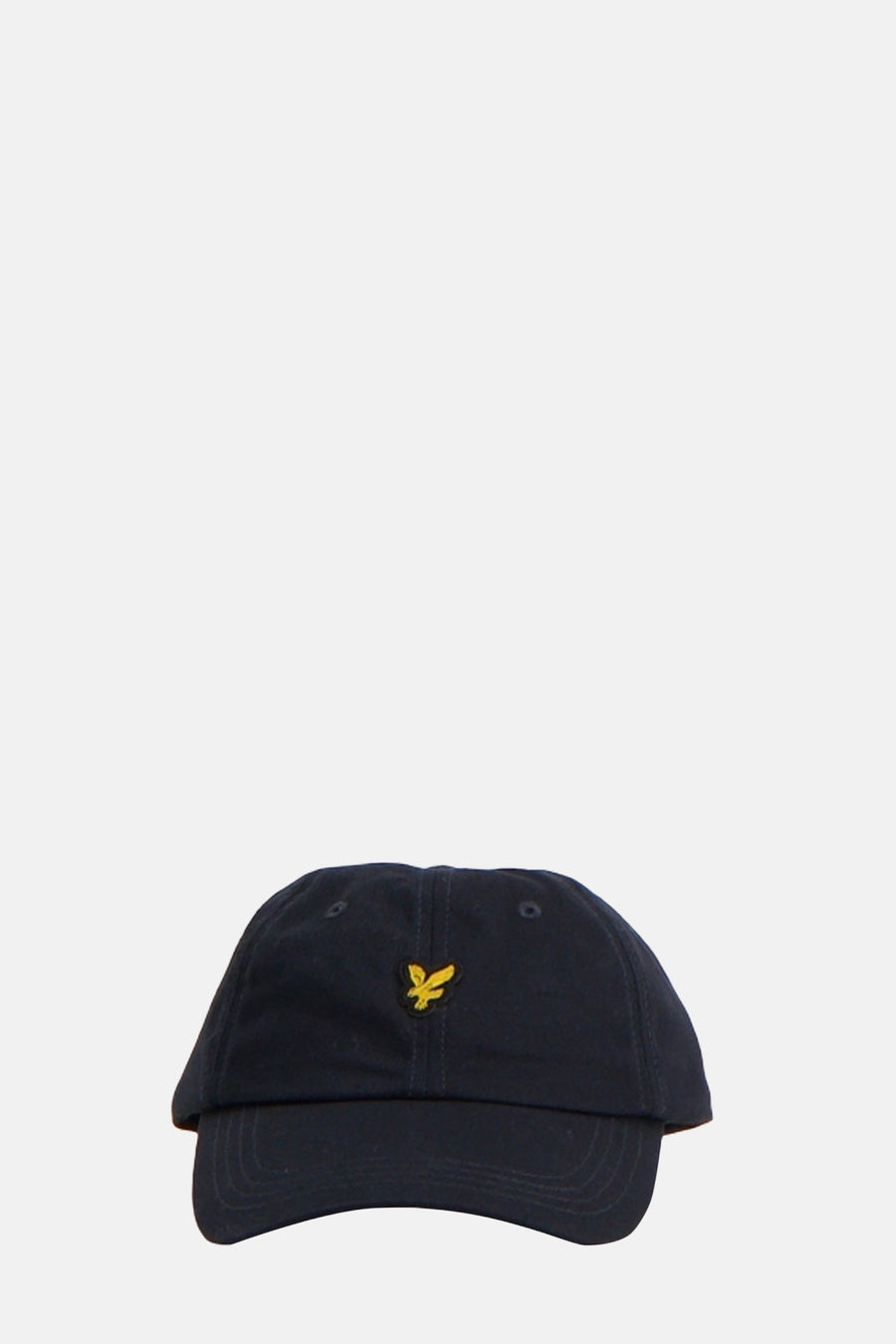Casquette bleu foncé de Lyle & Scott avec logo aigle brodé jaune sur le devant.