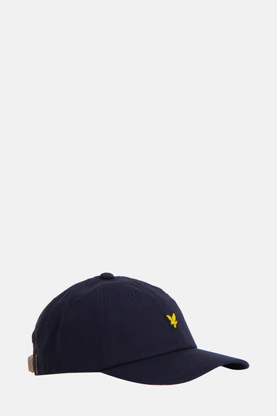 Casquette bleu marine de LYLE & SCOTT, avec logo brodé jaune sur le devant.