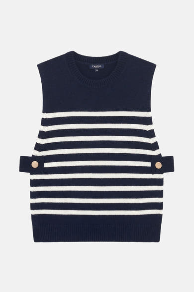 Débardeur bleu marine à rayures blanches par CAROLL, avec pattes boutonnées dorées sur les côtés.