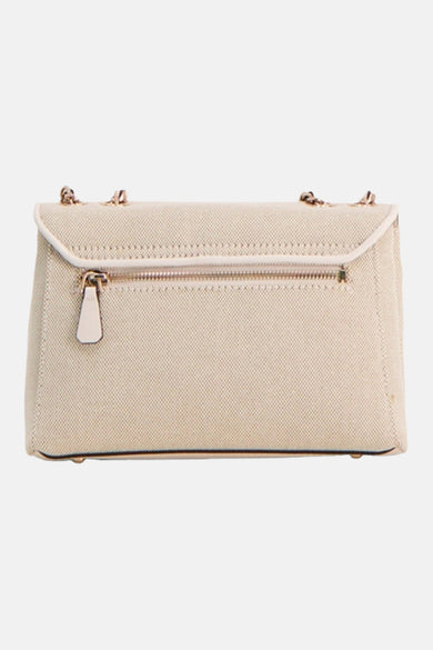 Ecru textured canvas shoulder bag with gold-tone chain straps and front zip pocket, front view