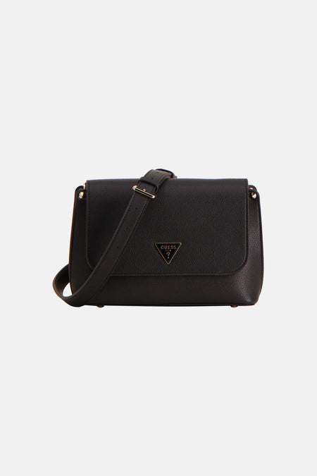 Sac à bandoulière noir par Guess® avec une bandoulière réglable et logo triangulaire en métal.