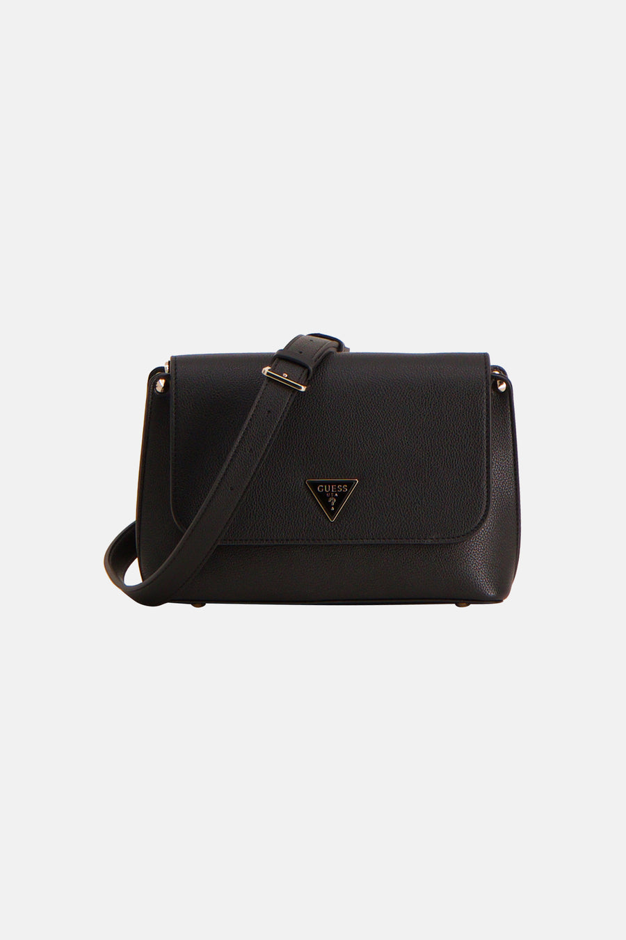 Zwarte Guess schoudertas, met getextureerde flap en gouden afwerkingen.
