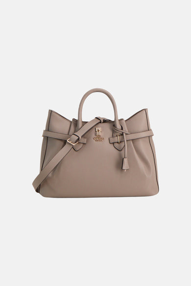 Taupe leather handbag by Guess with gold-tone hardware and adjustable shoulder strap, front view