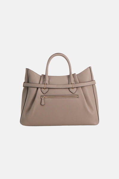 Taupe leather handbag with top handles and front zip pocket, featuring gold-tone hardware and structured design, front view