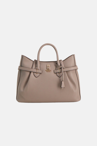 Taupe leather handbag by Guess with gold-tone hardware and front strap detailing, front view