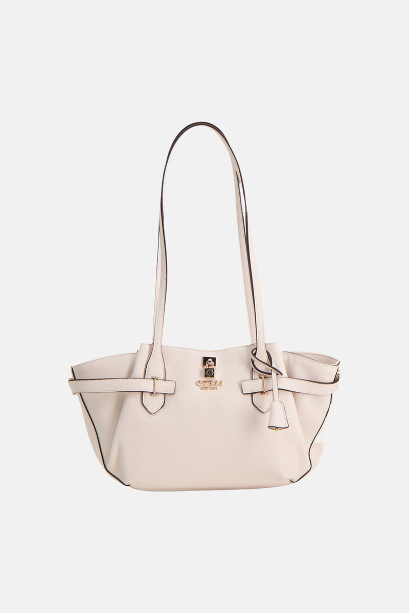 Ecru leather shoulder bag by Guess with black piping, gold-tone hardware, and front flap closure, front view