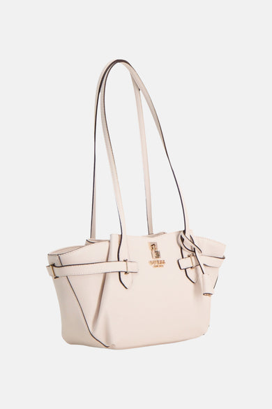 Ecru leather shoulder bag by Guess with gold-tone hardware and black piping, front view