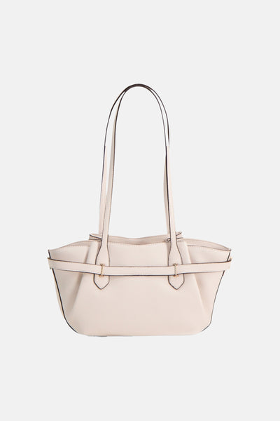 Ecru leather shoulder bag with black trim and gold-tone hardware, front view