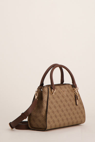Bruine Guess handtas met herhaald monogrampatroon en ritssluiting aan de achterkant
