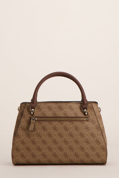 Sac à main marron de Guess, avec motif de monogramme répété et fermeture éclair arrière
