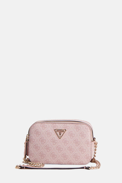 Roze Guess schoudertas met monogrampatroon en een gouden kettingriem.