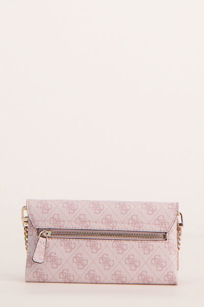 Sac à bandoulière rose de Guess avec imprimé monogramme et détails de chaîne dorée.