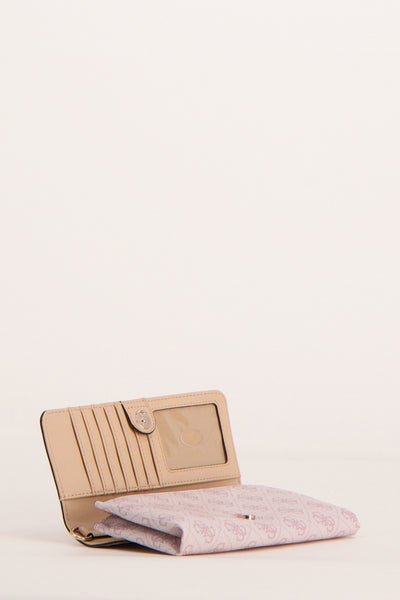 Sac à bandoulière rose Guess orné d'un motif ton sur ton, ouvert et posé à plat.