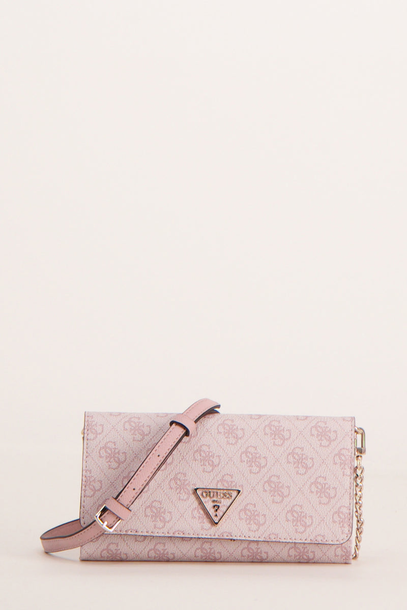 Sac à bandoulière rose de Guess avec imprimé logo et bandoulière réglable en cuir.
