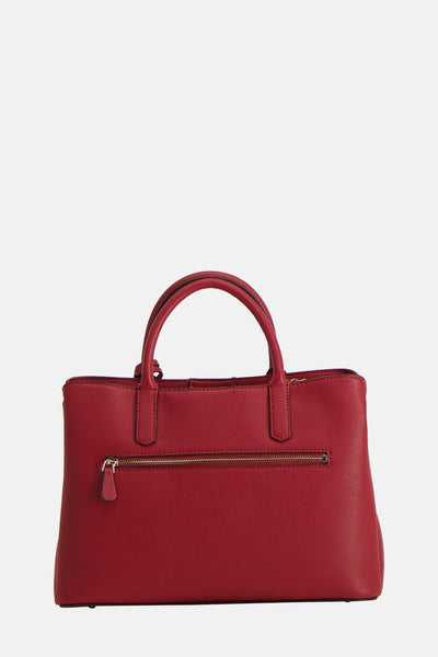 Sac à main rouge de Guess, avec fermeture éclair à l'arrière et poignées arrondies.