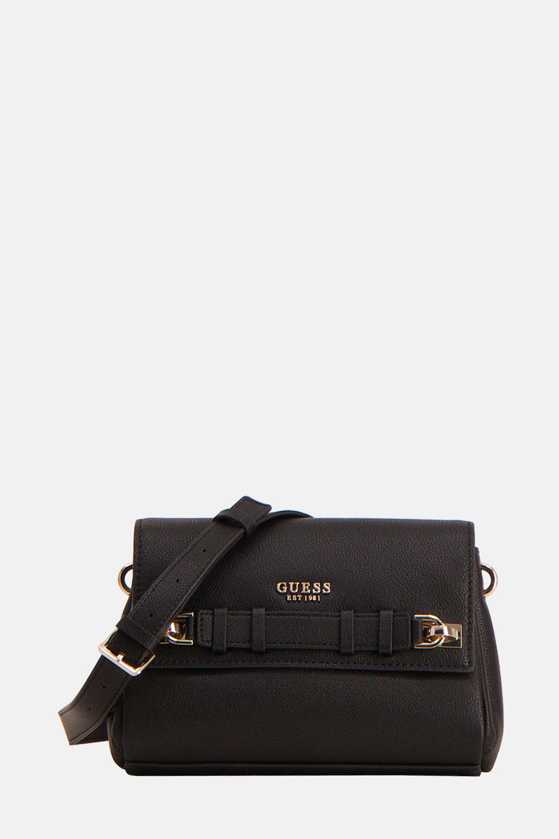 Sac à bandoulière noir de Guess avec bandoulière réglable et détails de boucle dorés.

