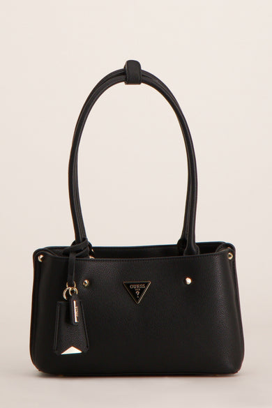 Zwarte Guess schoudertas, met twee korte hengsels en gouden nootdetails.