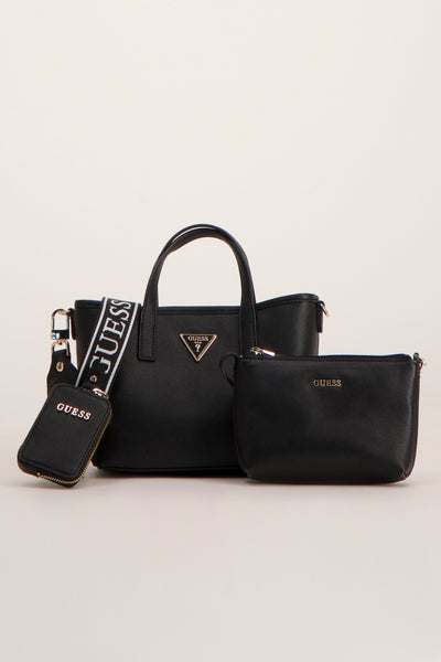 Zwarte Guess handtas met logoband en twee zakjes met rits.