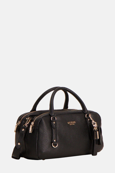 Sac à main noir en similicuir de Guess, avec double fermeture éclair sur le dessus et breloque logo.