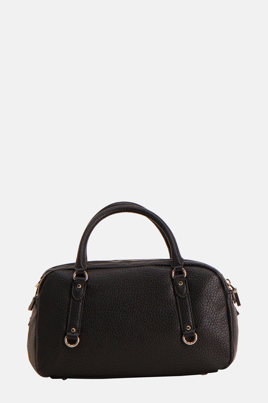 Sac à main noir Guess avec poignée arrondie et détails métalliques décoratifs.
