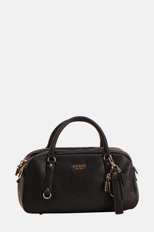 Zwarte leren handtas van Guess, met korte schouderbanden en gouden ritssluitingdetails.