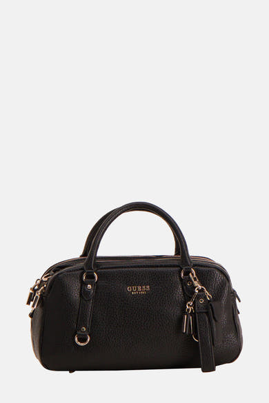 Zwarte leren handtas van Guess, met korte schouderbanden en gouden ritssluitingdetails.