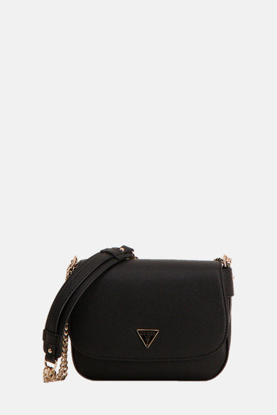 Zwarte Guess schoudertas met gouden ritssluiting en gouden ketting schouderriem.