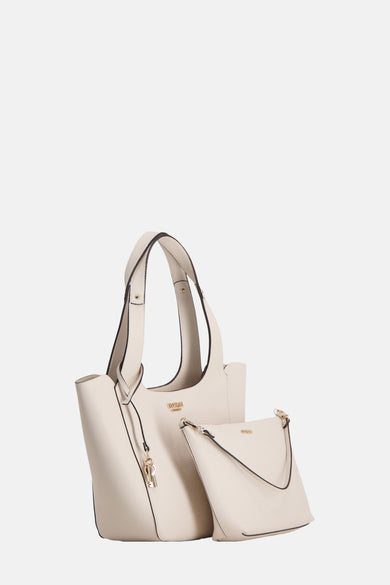 Ecru schoudertas van Guess met decoratieve sleutelhanger en een extra klein tasje.