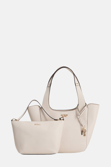 Ecru schoudertas van Guess met afneembare pochette, bruine bandjes en gouden details.