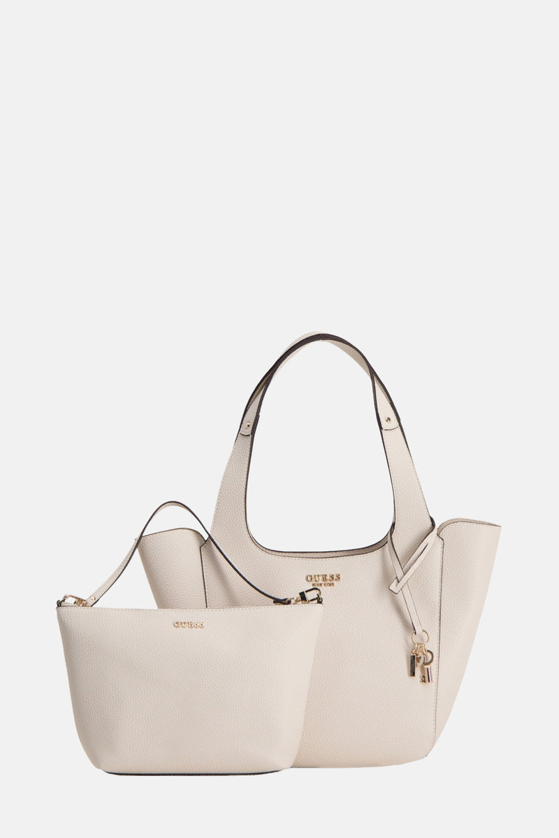 Ecru schoudertas van Guess met afneembare pochette, bruine bandjes en gouden details.