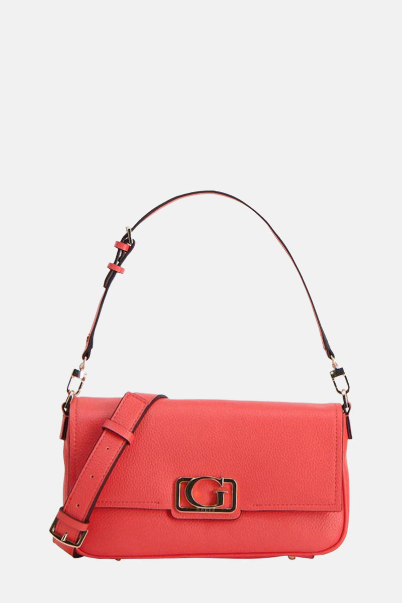 Roze Guess schoudertas, met verstelbare schouderriem en gouden "G"-logo.