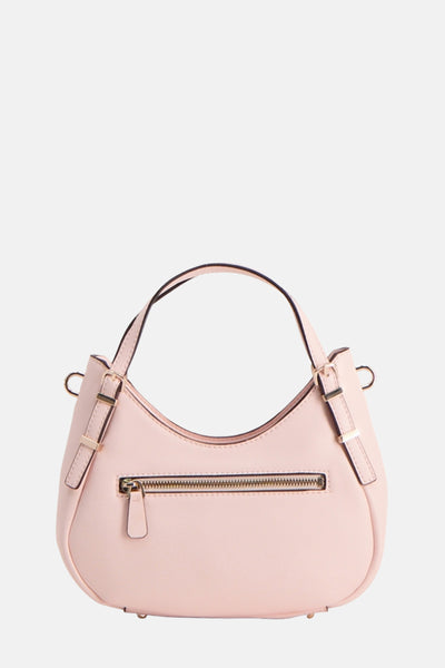 Roze Guess handtas, met gouden ritssluiting en dunne schouderriem.
