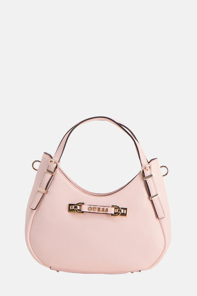 Sac à main rose en similicuir de Guess orné d'une inscription de la marque couleur or sur le devant.
