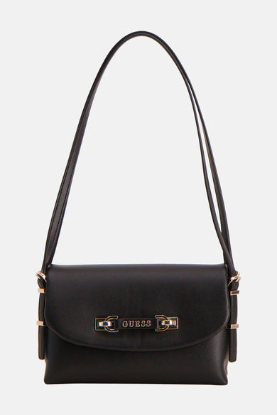 Zwarte Guess schoudertas met een dunne schouderriem en gouden details.