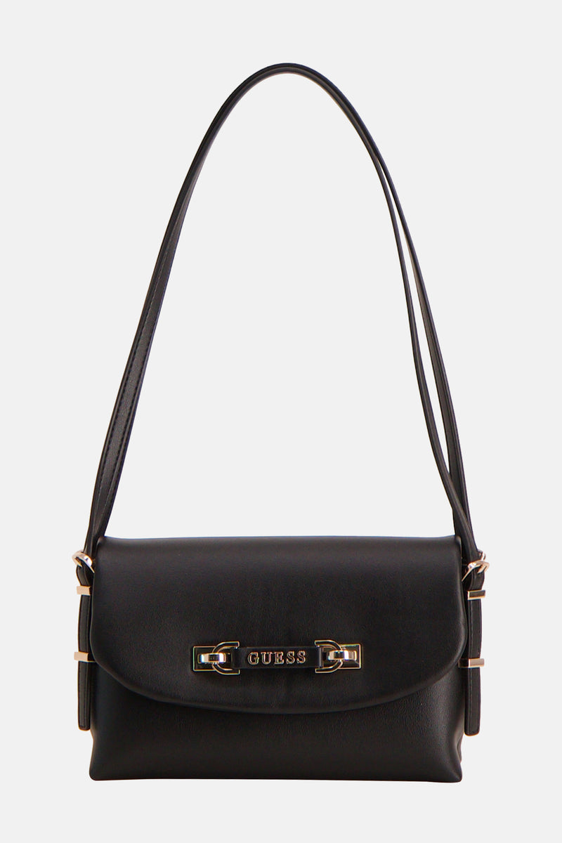 Zwarte Guess schoudertas met een dunne schouderriem en gouden details.