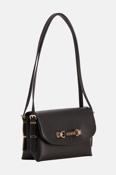 Zwarte Guess schoudertas met een dunne, verstelbare schouderriem en gouden metalen details.