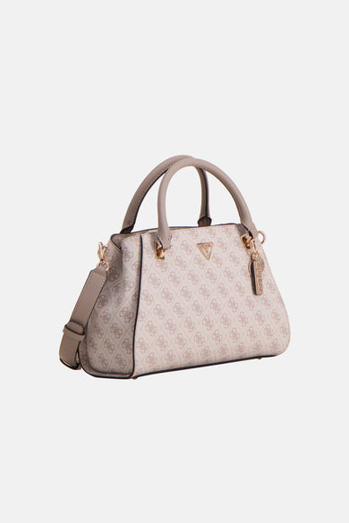 Beige handtas met patroon, van Guess, met dubbele ronde handvatten en verstelbare schouderriem.
