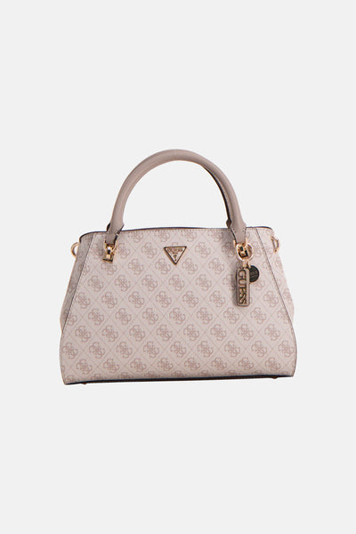 Beige Guess handtas met all-over monogrampatroon en logo-bedel.
