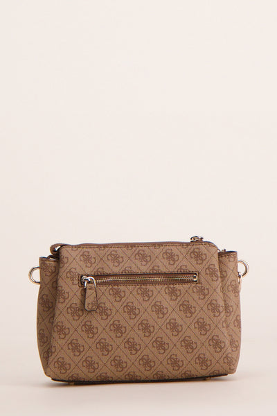 Sac à bandoulière marron de Guess, avec motif imprimé logo répété et fermeture éclair arrière