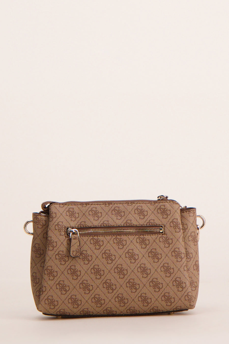 Sac à bandoulière marron de Guess, avec motif imprimé logo répété et fermeture éclair arrière
